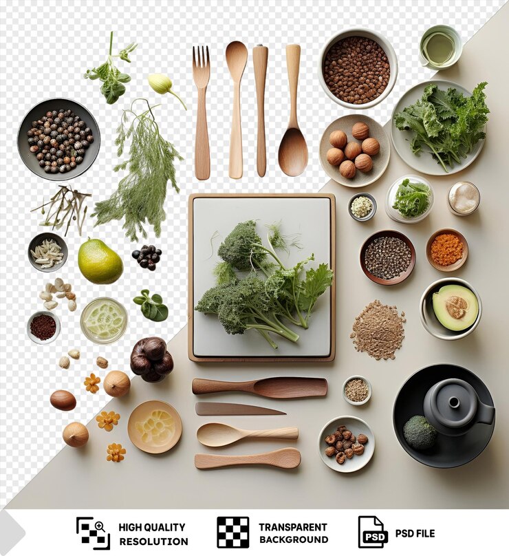 PSD conjunto de cocina gourmet basado en plantas con una variedad de cuencos cucharas y utensilios en un fondo transparente
