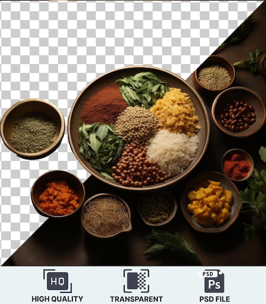 PSD conjunto de cocina gourmet etíope con una variedad de cuencos e ingredientes en una mesa negra