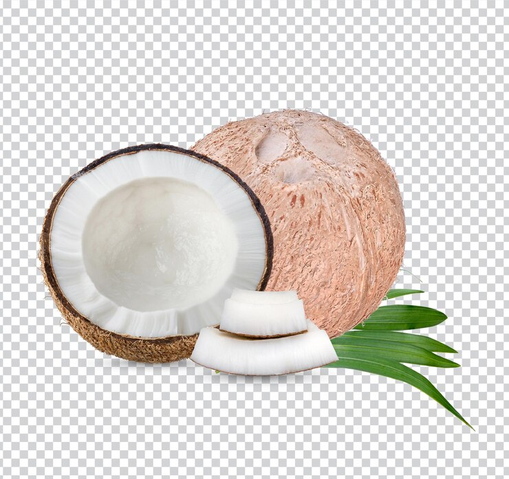 PSD conjunto de coco crudo fresco con hojas de palma sobre fondo blanco.