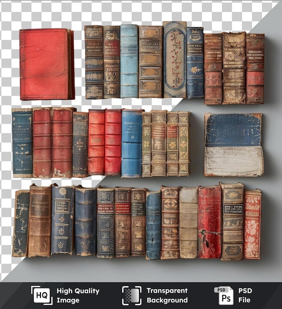 PSD conjunto de colecciones de libros antiguos de imágenes psd transparentes exhibidos en una pared blanca con libros rojos, azules y marrones dispuestos en una fila de izquierda a derecha