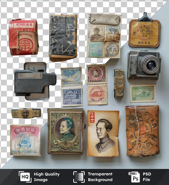 PSD conjunto de colecciones de sellos exhibido en una pared blanca con una cámara plateada en primer plano