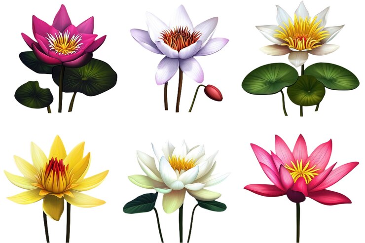 PSD conjunto de coloridas flores de lirio de agua aisladas en un fondo transparente lirio de agua en flor con