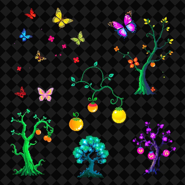 PSD conjunto com itens borboletas de pixel videiras brilhantes árvores encantadas frutas mágicas borboletas pixel gripe