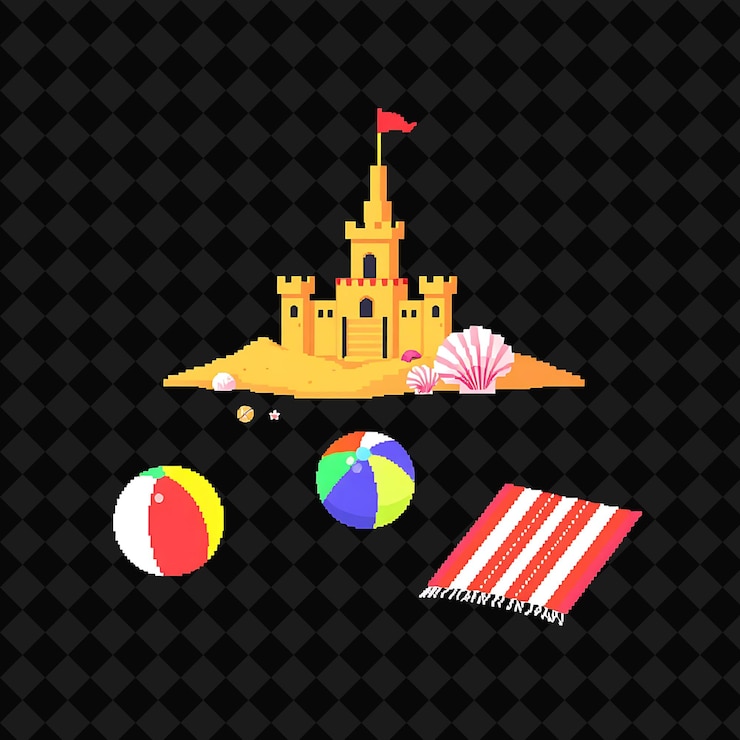 PSD conjunto com itens castelo de areia coelhas de praia toalha de bola um castelo de arenito torre com torres coelhas