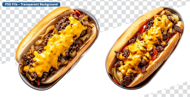 PSD conjunto de comida rápida americana philly cheesesteak sandwich vista superior