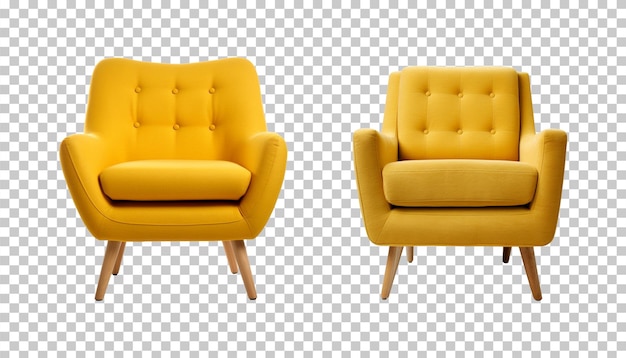 Conjunto de cómodo sillón amarillo sobre fondo transparente