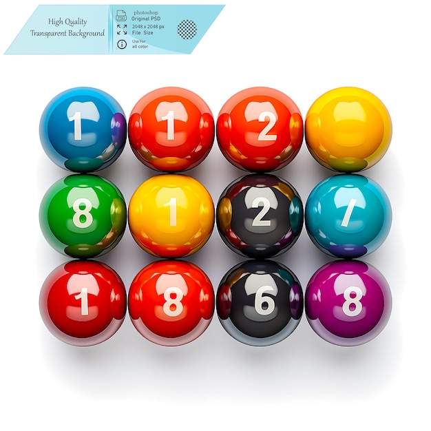 Un conjunto completo de bolas de billar coloridas ideales para juegos de billar sobre un fondo transparente