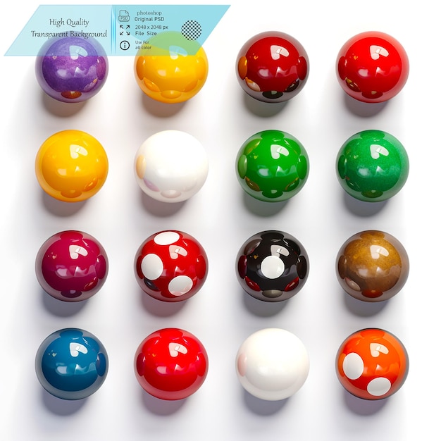 Un conjunto completo de bolas de billar coloridas ideales para juegos de billar sobre un fondo transparente