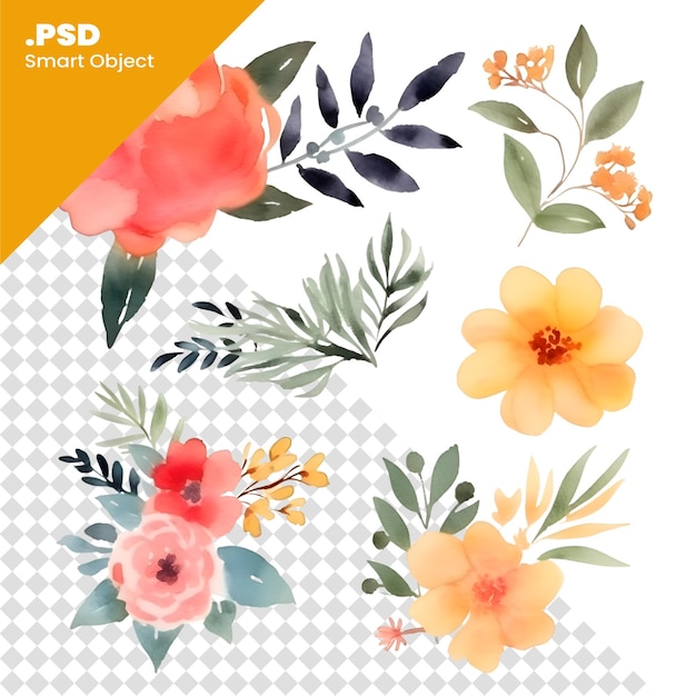 PSD conjunto de composiciones florales de acuarela ilustración vectorial dibujada a mano aislada en plantilla psd de fondo blanco