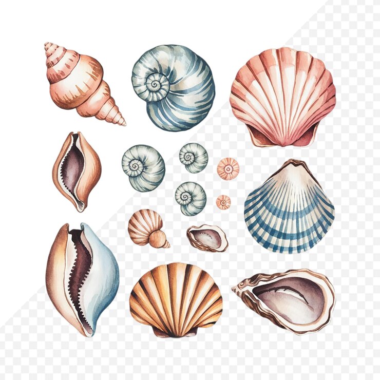 PSD conjunto de conchas marinas de acuarela en un fondo transparente de ilustración aislada