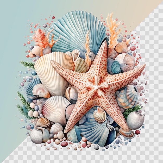 Conjunto de conchas marinas de acuarela en una ilustración aislada clipar de mar en un fondo transparente aislado