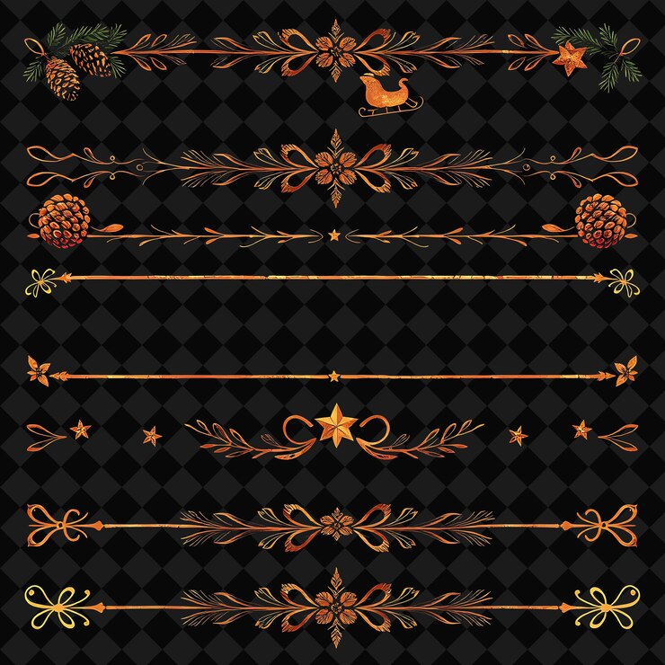PSD conjunto de conos de pino trineos y estrellas cobre profundo con acentos dorados diseños inspirados vintage ru