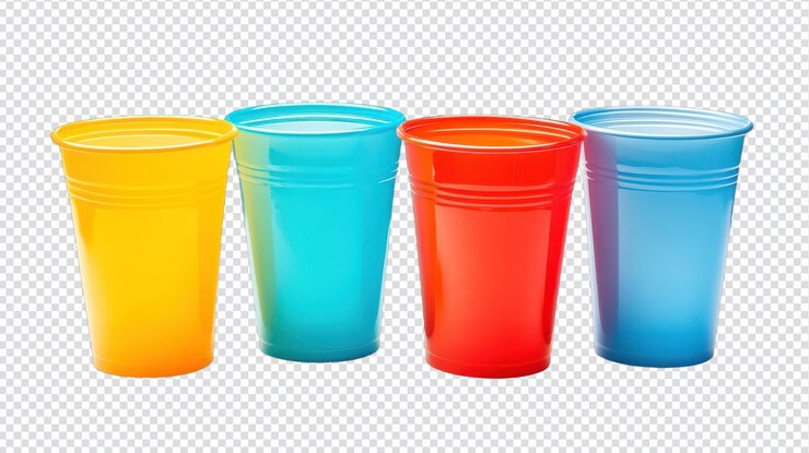 PSD un conjunto de copas de plástico versátil ideal para fiestas, eventos y uso diario aislado en un fondo transparente y limpio