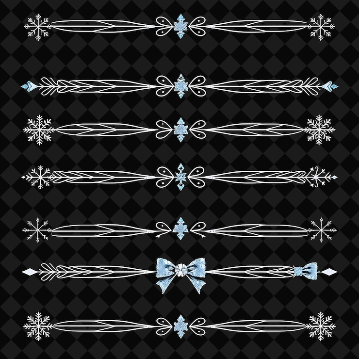 PSD conjunto de copos de nieve, abetos y arcos, azul helado y plateado, inspirado en el art deco, geometría simétrica.