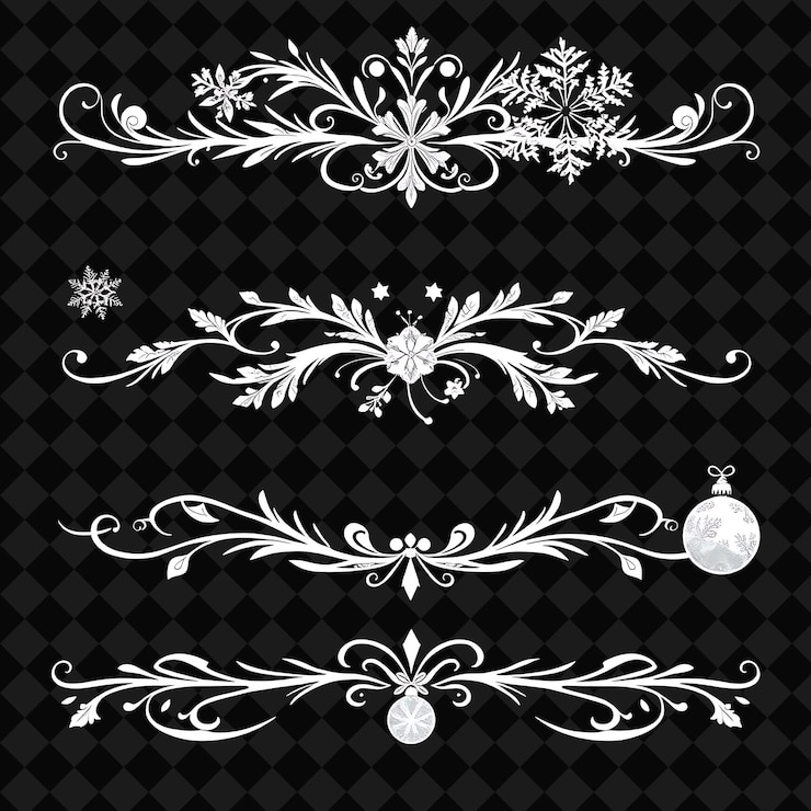 PSD conjunto de copos de nieve, abetos y bolas de color blanco helado con brillante plata inspirada en el art nouveau