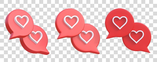 Conjunto de corazón en icono de burbuja de discurso aislado en un fondo blanco Amor como corazón social 3D render