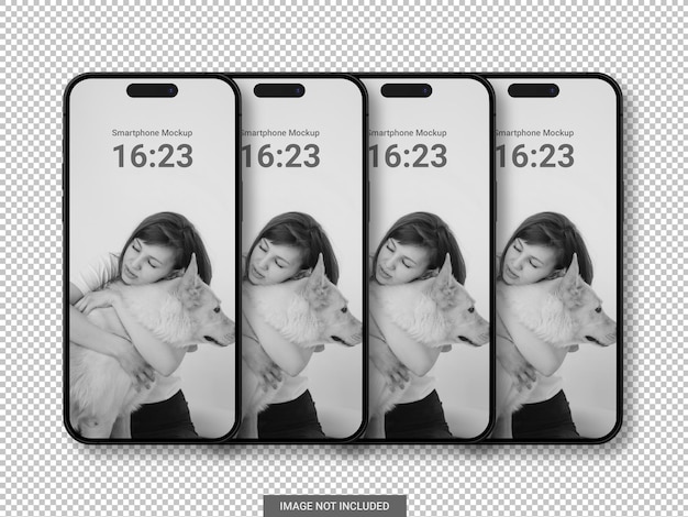 PSD conjunto de cuatro teléfono 14 pro pantalla de maqueta en el fondo transparente en blanco para su diseño