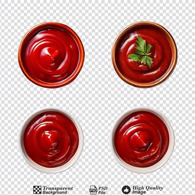 PSD conjunto de cuencos de ketchup vista superior aislados en un fondo transparente