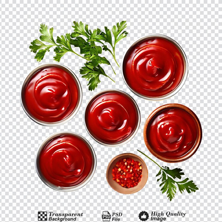 PSD conjunto de cuencos de ketchup vista superior aislados en un fondo transparente
