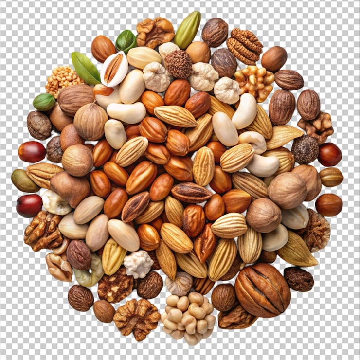 PSD conjunto de cuencos llenos de nueces con semillas de almendras y cacahuetes aislados sobre un fondo transparente