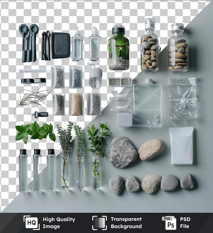 PSD un conjunto de cuidado de acuario transparente con una variedad de rocas y plantas de peces, incluida una pequeña roca gris, una planta verde y una botella de vidrio, todo mostrado en un blanco.