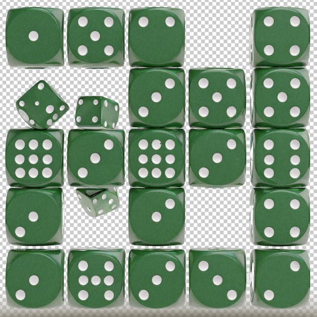 Un conjunto de dados verdes con el número 1 2 3 4 5 6 aislados en un fondo transparente