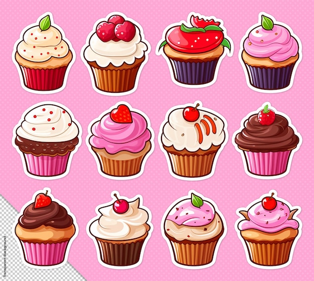 Conjunto de adesivos de cupcakes isolados em fundo limpo