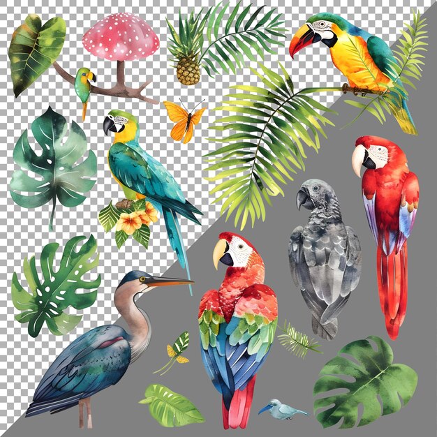 PSD conjunto de aquarelas de animais e pássaros em estilo adesivo em fundo transparente ai gerado