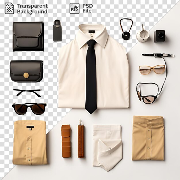 PSD conjunto de artigos essenciais de guarda-roupa minimalista com camisa branca, gravata preta e óculos pretos complementados