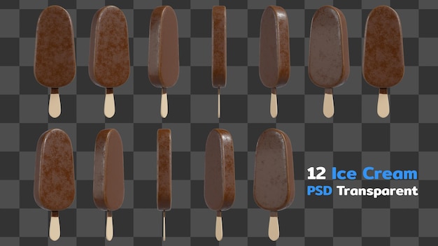 Conjunto de barra de palito de sorvete de baunilha coberto com chocolate isolado em fundo transparente 3D render ilustração