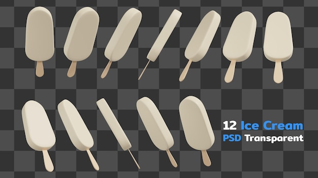 Conjunto de barra de palito de sorvete de baunilha isolado em fundo transparente 3D render ilustração