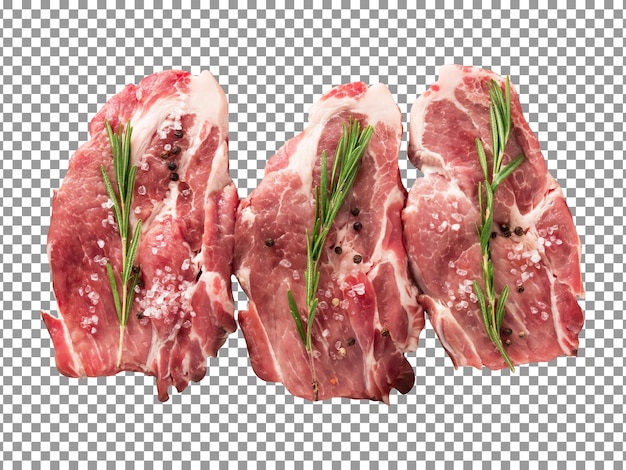 PSD conjunto de bifes de carne crua com um raminho de alecrim em fundo transparente
