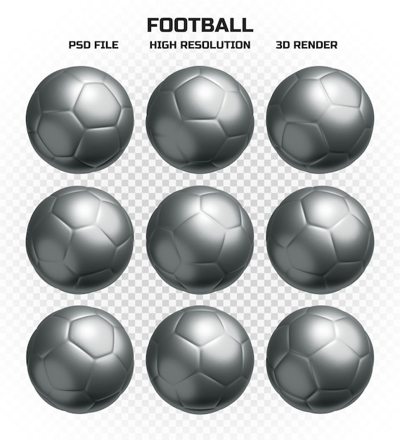 PSD conjunto de bolas de futebol de prata renderizadas em 3d em alta resolução com muitas perspectivas