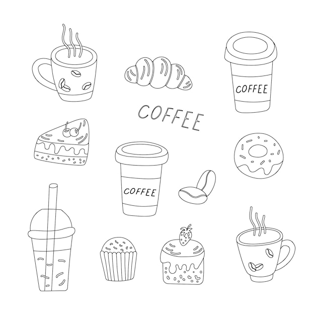conjunto de bolo de café cupcake donut em um fundo claro com um contorno preto desenhado à mão.