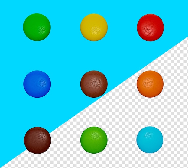 Conjunto de botões de doces coloridos isolado no fundo branco ilustração 3d de doces de arco-íris smarties