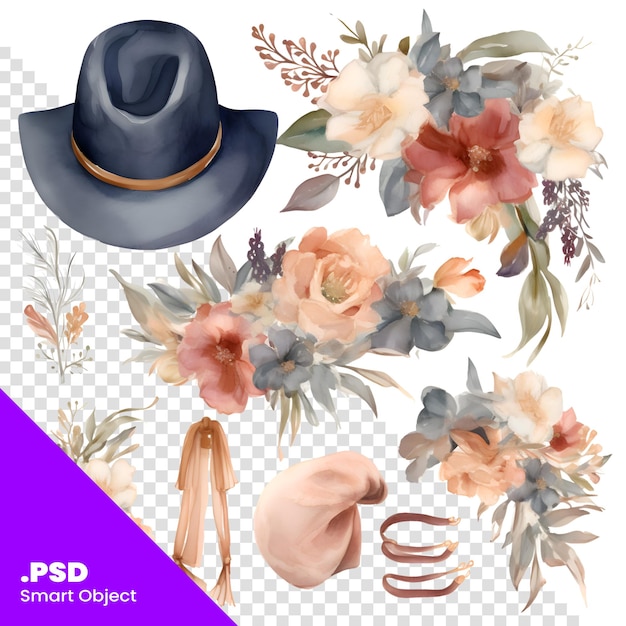 Conjunto de bouquets de flores de aquarela folhas e chapéus modelo psd