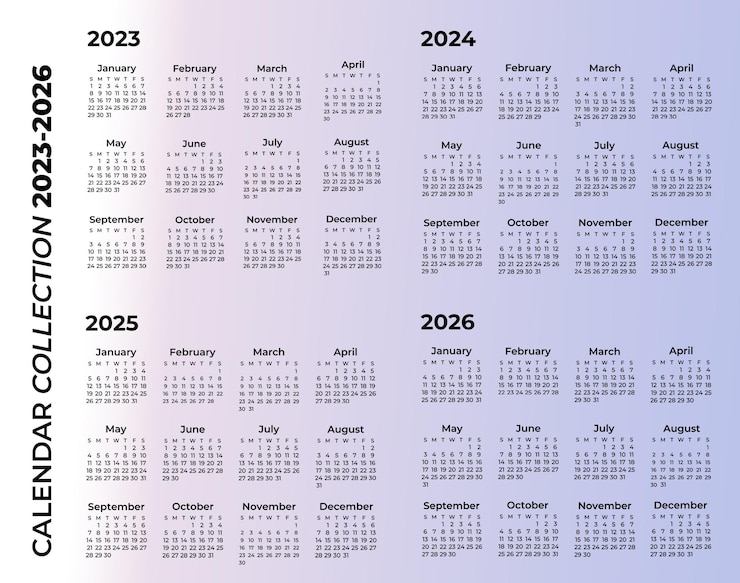 PSD conjunto de calendário 20232026 com fundo iridescente