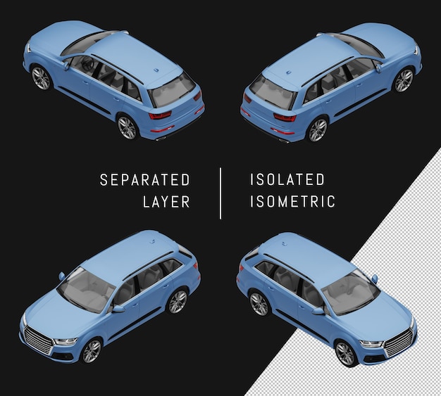 Conjunto de carro isométrico isolado azul esporte elegante cidade SUV