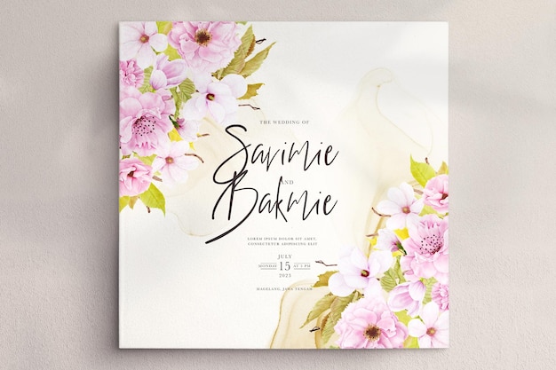 conjunto de cartão de casamento aquarela flor de cerejeira