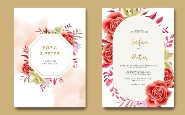Conjunto de cartão de convite de casamento com flores e folhas
