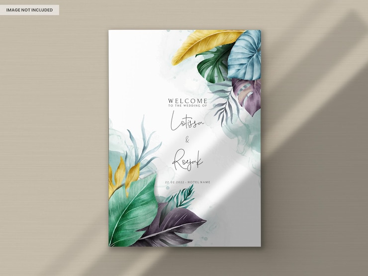 PSD conjunto de cartão de convite de casamento em aquarela de folhas tropicais exóticas