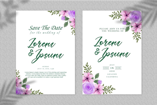 conjunto de cartão de convite de casamento floral aquarela suave PSQ