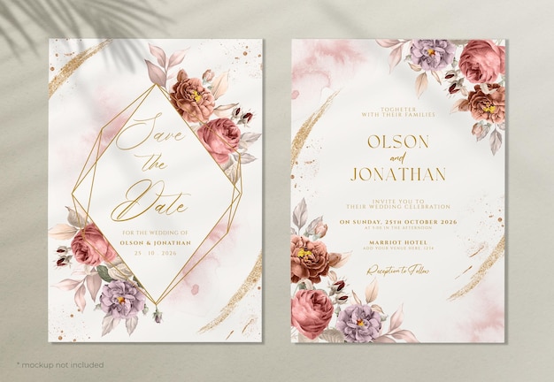conjunto de cartão de convite de casamento floral elegante