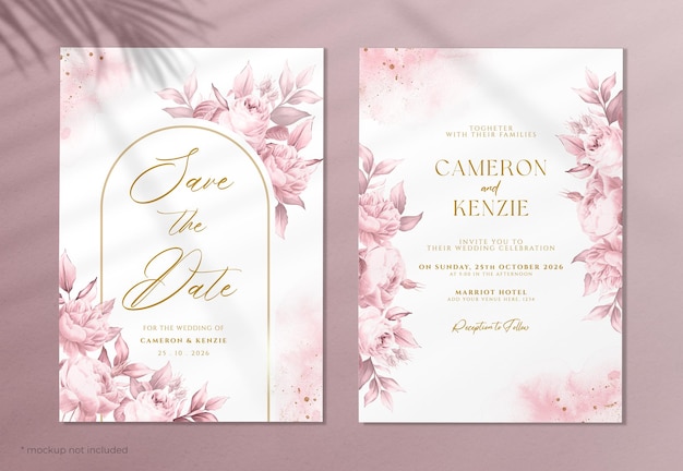 PSD conjunto de cartão de convite de casamento floral lindo