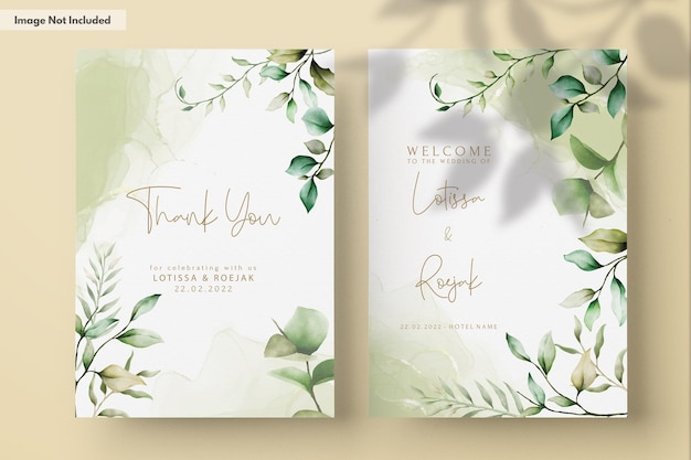Conjunto de cartão de convite elegante folhas aquarela