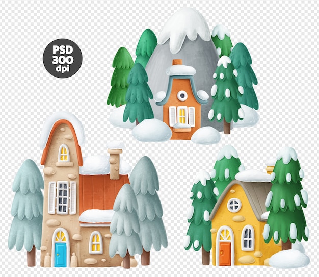 Conjunto de casas de inverno na neve