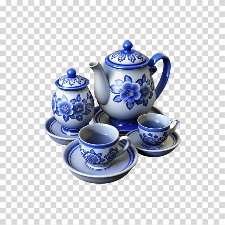 PSD conjunto de chá floral azul xícaras de chá de porcelana elegantes e tigela de açúcar