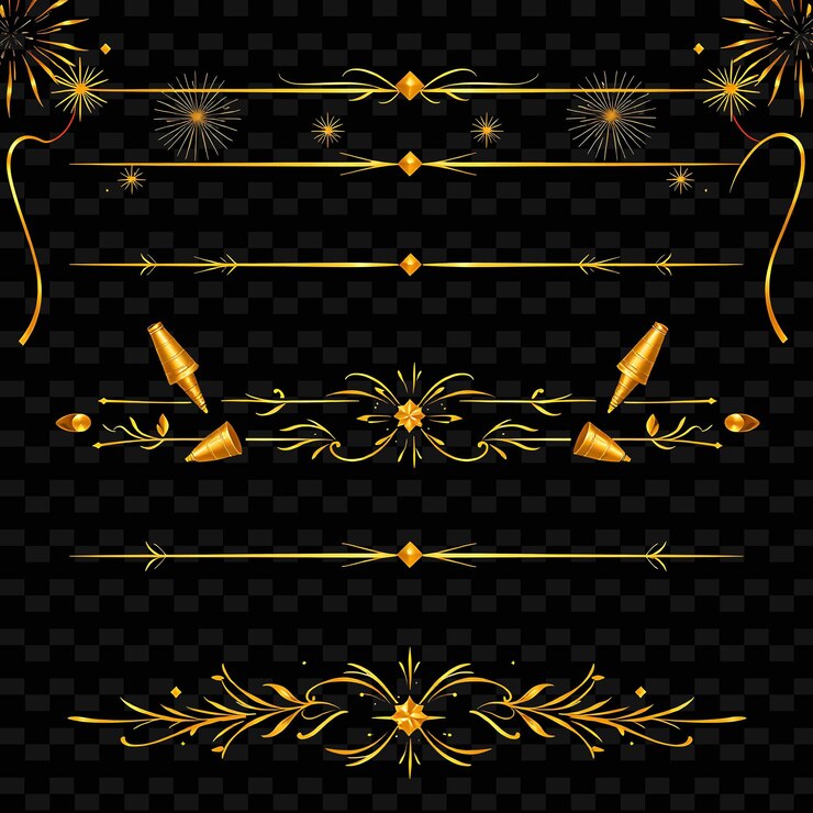 PSD conjunto de chifres de fogos de artifício de ouro e streamers de ouro metálico brilhante com tons de jóias elegantes