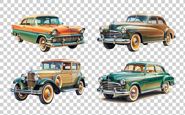PSD conjunto de coleção de carros clássicos isolados em fundo transparente ilustração de renderização 3d