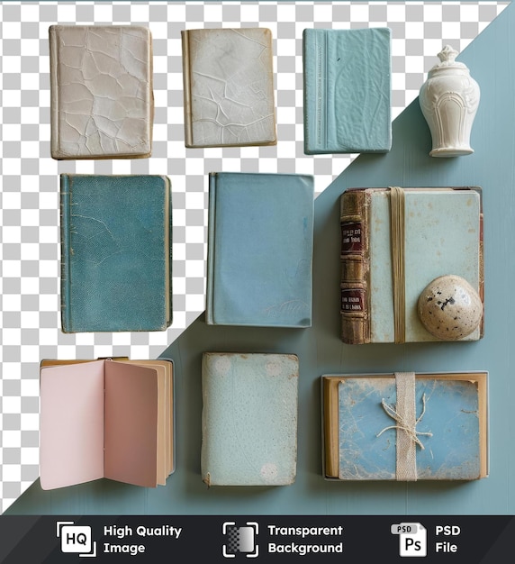 PSD conjunto de coleção de livros vintage psd transparentes de alta qualidade exibido em uma parede azul acompanhado por um vaso branco